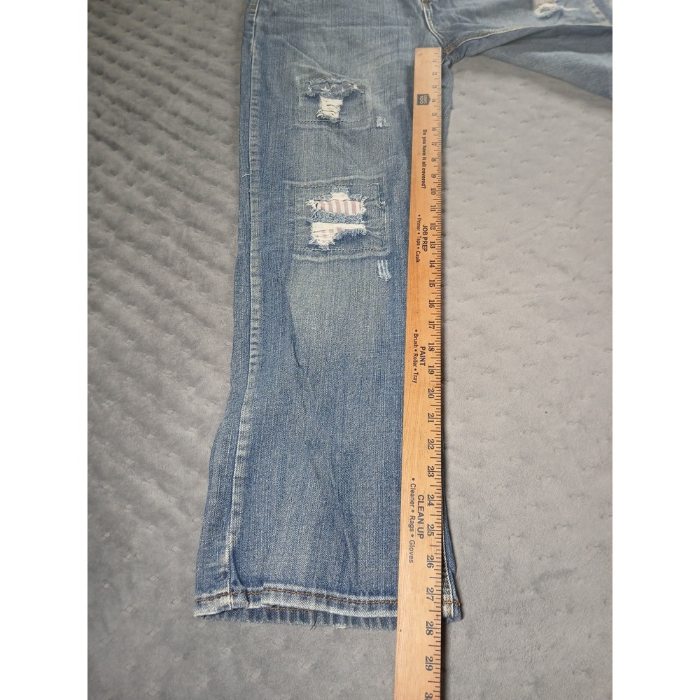 Rue21 Black Bootcut Jeans Mens 34x30 Distressed Patriotic Patch Medium Wash - Picture 4 of 7